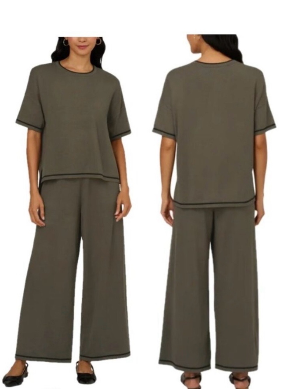 NWT Adrianna Papell Olive Green lightweight Wide-Leg Pants/Sweater Set Size S